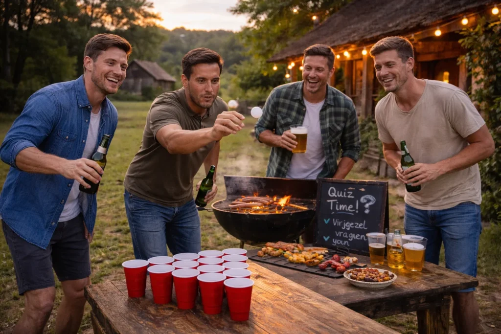 BBQ en drankspellen op een Twents erf tijdens vrijgezellenfeest