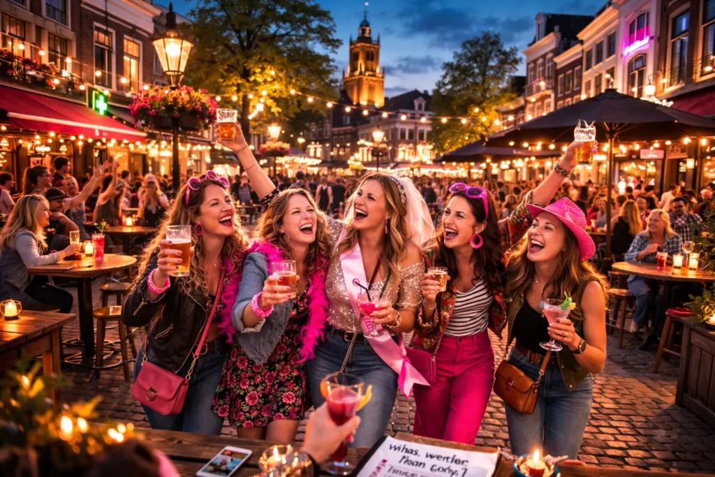Kroegentocht rond de Oude Markt in Enschede tijdens vrijgezellenfeest