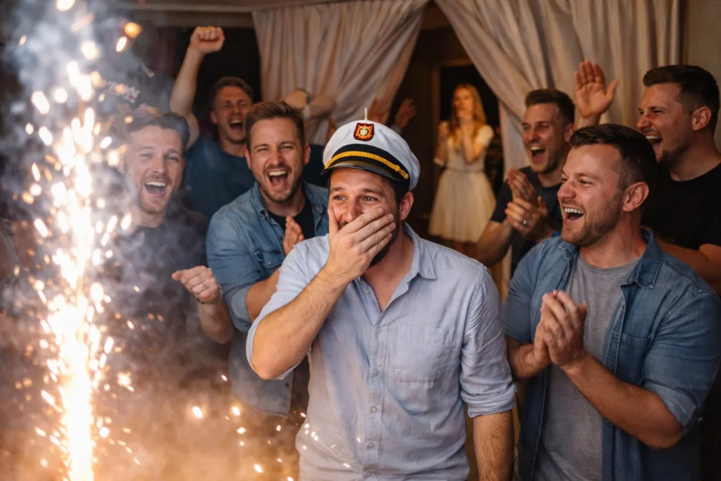 verrassing onthulling tijdens origineel vrijgezellenfeest met vrienden