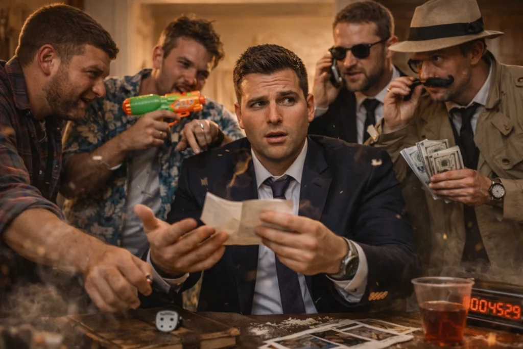 Vrijgezellenfeest met geheime rollen voor mannen in actie