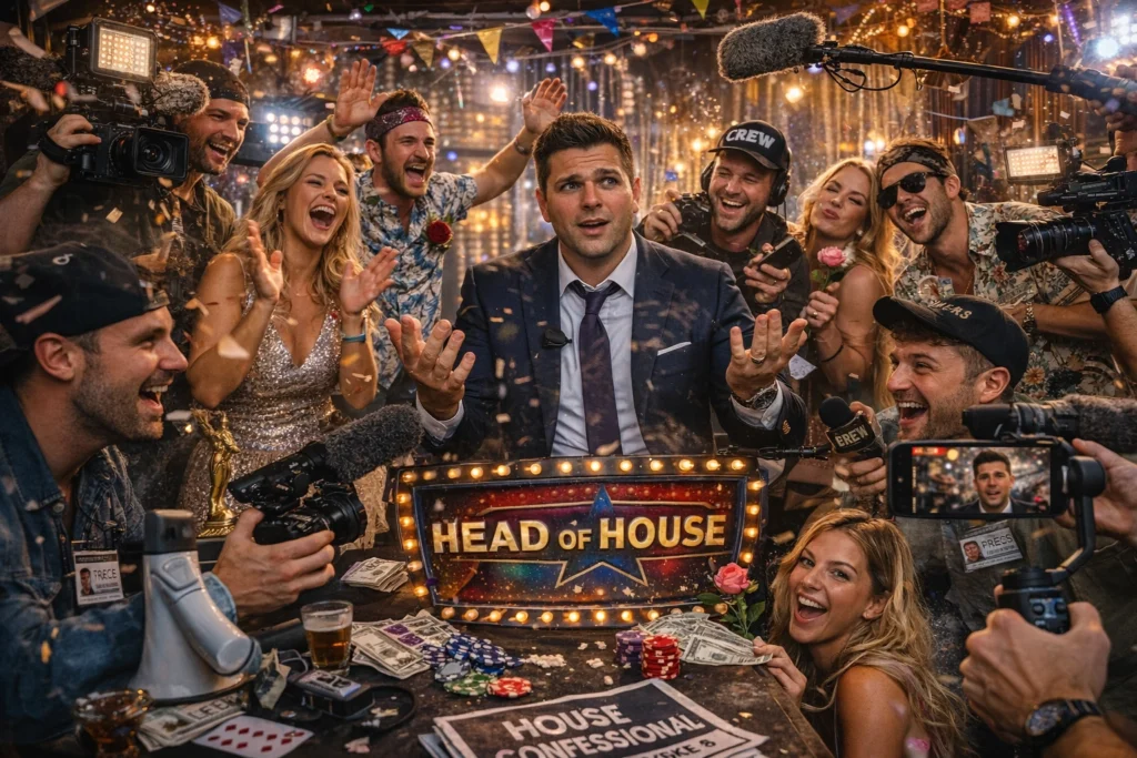 Vrijgezel tijdens een origineel vrijgezellenfeest in realityshow stijl terwijl vrienden filmen en opdrachten uitvoeren