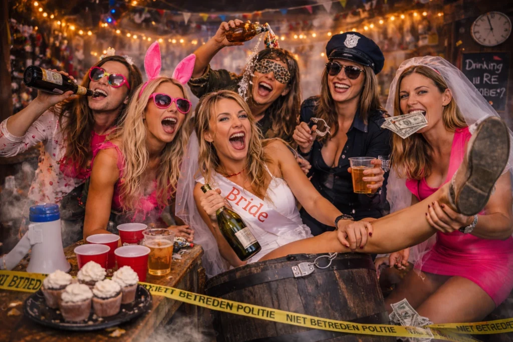 Vrouwen tijdens een origineel vrijgezellenfeest met speelse rebellie, verkleedkleding en feestelijke chaos in een bar
