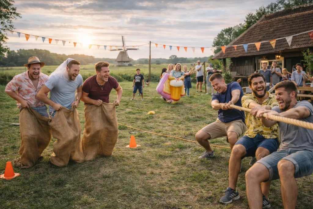 Zeskamp tijdens vrijgezellenfeest in Twente met mannen