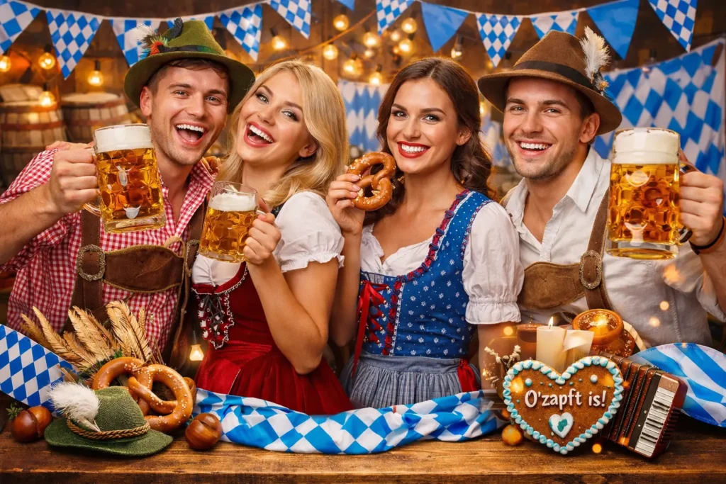 groepsfoto van personen op een oktoberfest in kleding met drinken en eten.