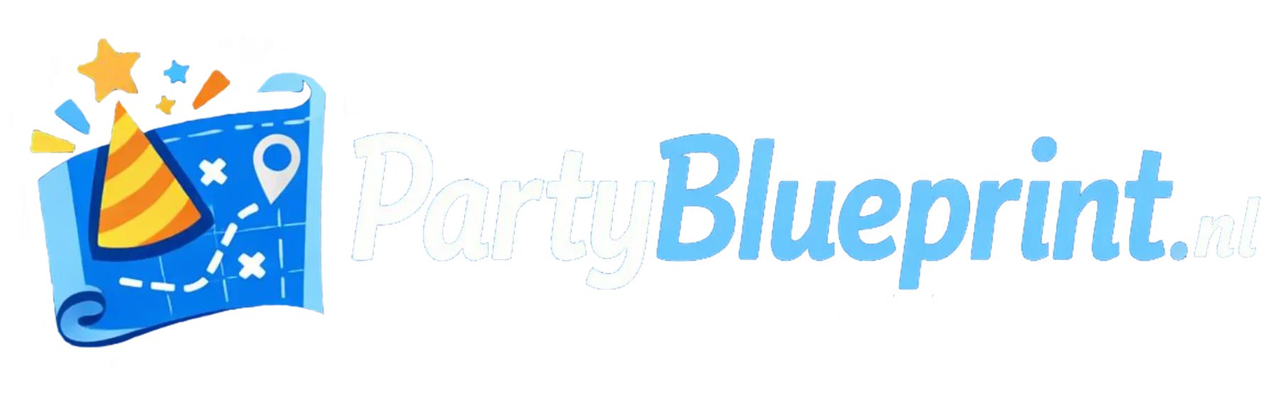 Afbeelding van het logo van PartyBlueprint. Het is een blauwdruk met een feesthoedje er op en daarnaast staat de tekst 'PartyBlueprint.nl'