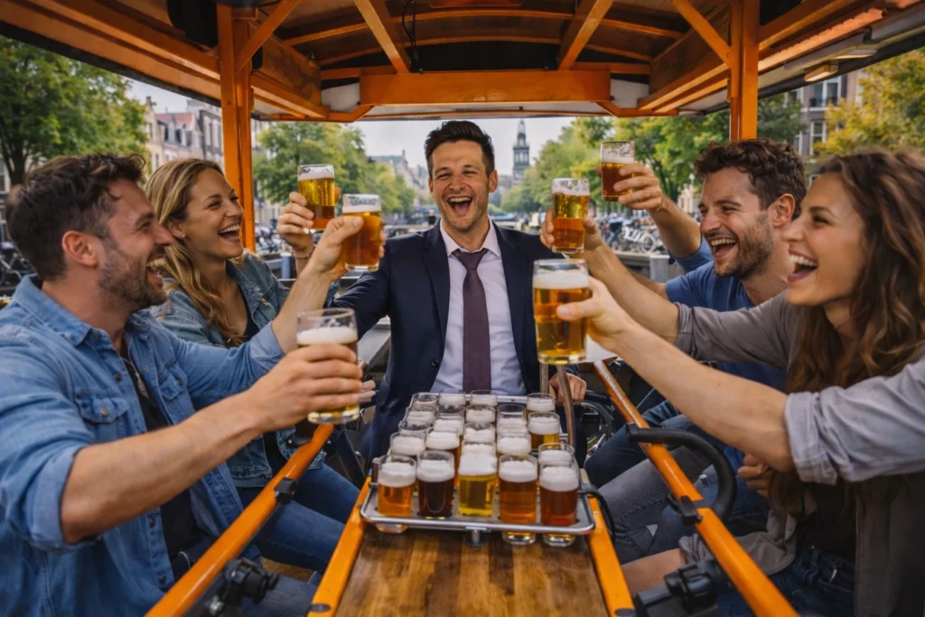 Groep vrienden op een beer bike tijdens een vrijgezellenfeest in Amsterdam