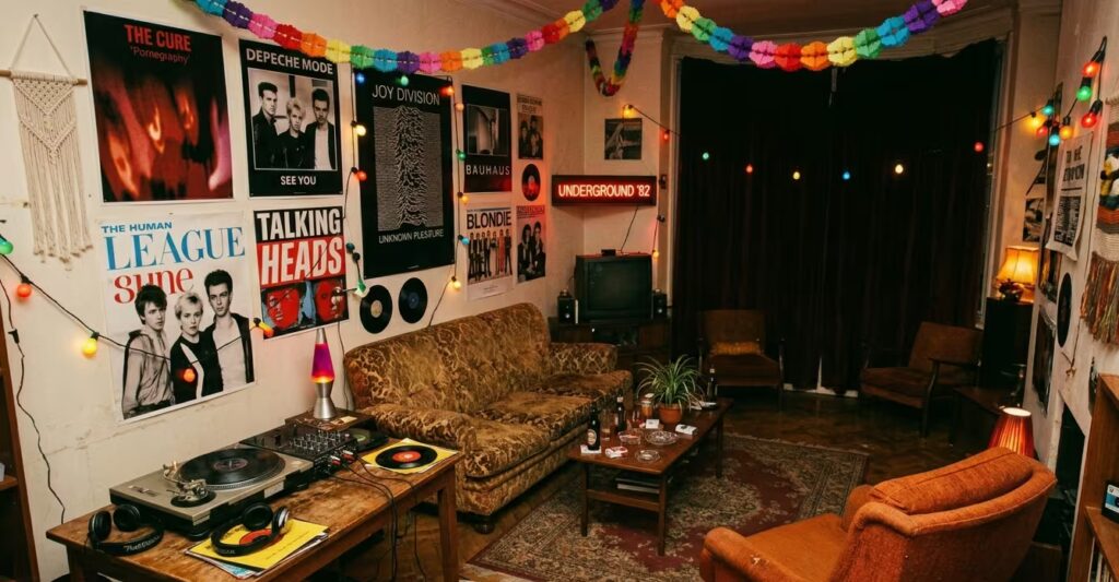 Intieme begin jaren 80 80s party met bandposters, zachte verlichting, neon lampjes en handgemaakte DIY-decoratie in underground sfeer.