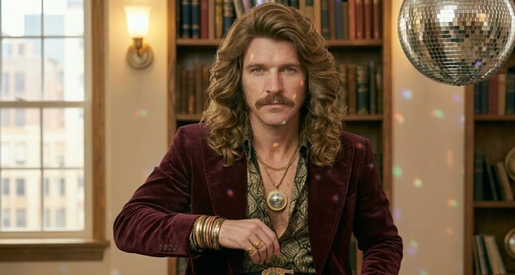 Close-up van man met late jaren 70 styling met lang los gekruld haar en metalen sieraden