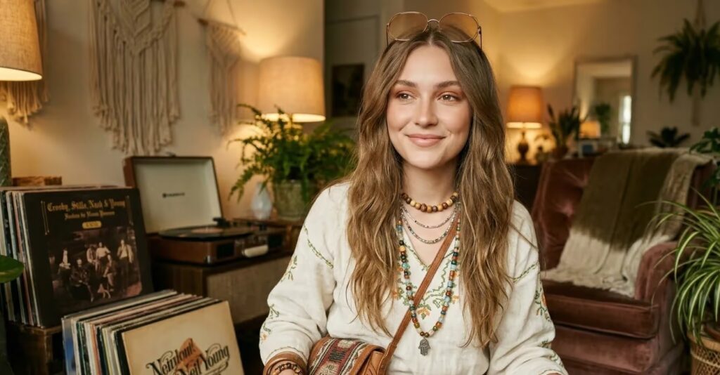 Close-up van vrouw met begin jaren 70 styling met lang los haar, natuurlijke make-up, grote ronde bril en kralen sieraden