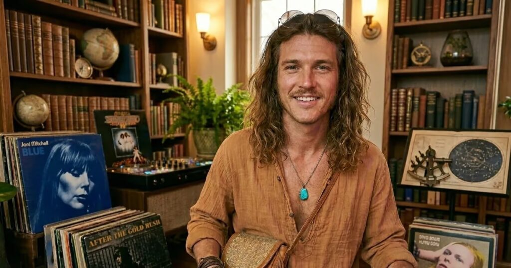 Close-up van man met begin jaren 70 styling met lang los haar en sieraden van leer en kralen