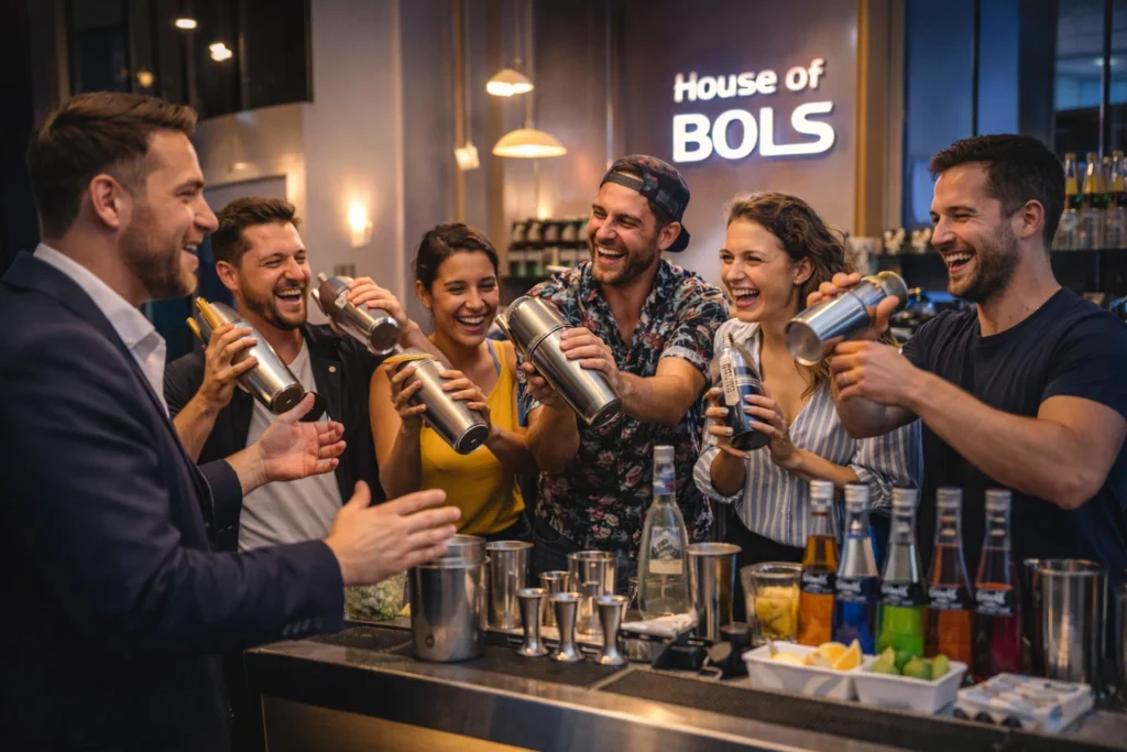 Groep vrienden tijdens een cocktail workshop  in Amsterdam tijdens een vrijgezellenfeest