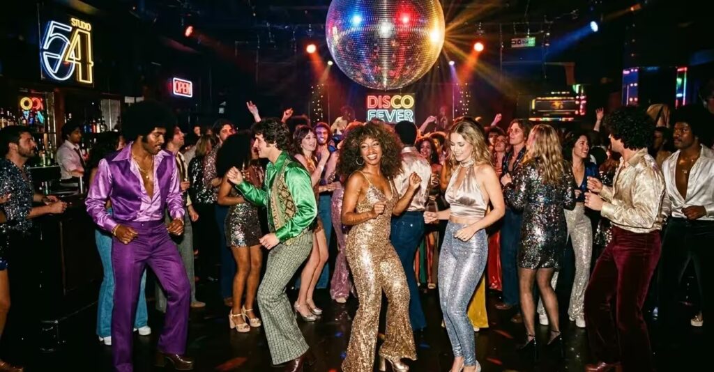 Nachtclub met discobal aan het plafond en mensen in glitter outfits die dansen tijdens een jaren 70 70s party