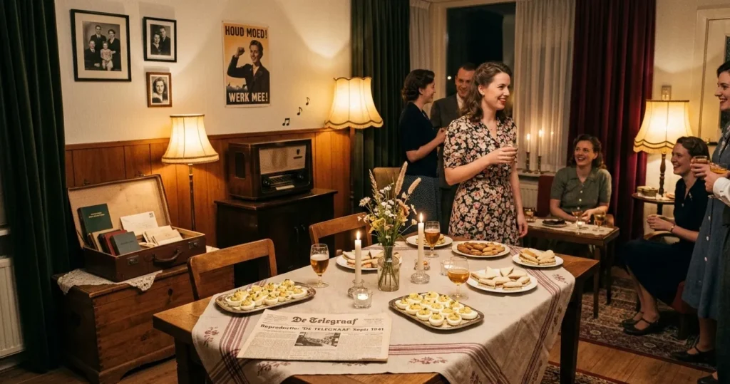 Decoratie voor een jaren 40 themafeest met houten tafels, vintage radio, kaarslicht en eenvoudige retro details.