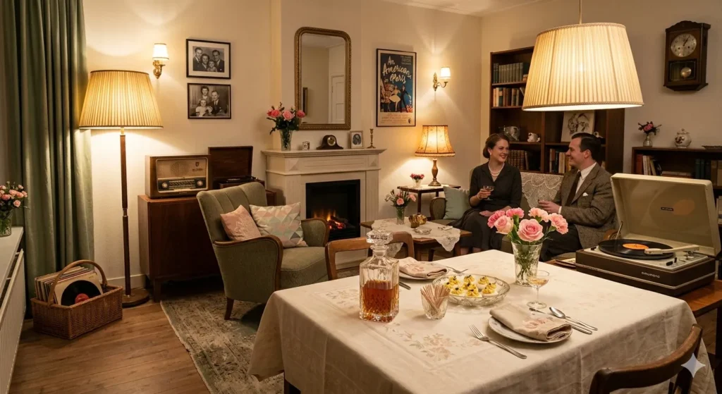 Afbeelding van een feestruimte uit het begin van de jaren 50 met zachte pastelkleuren, bloemen in vazen en een tafel met een wit tafelkleed en glazen schalen met hapjes.