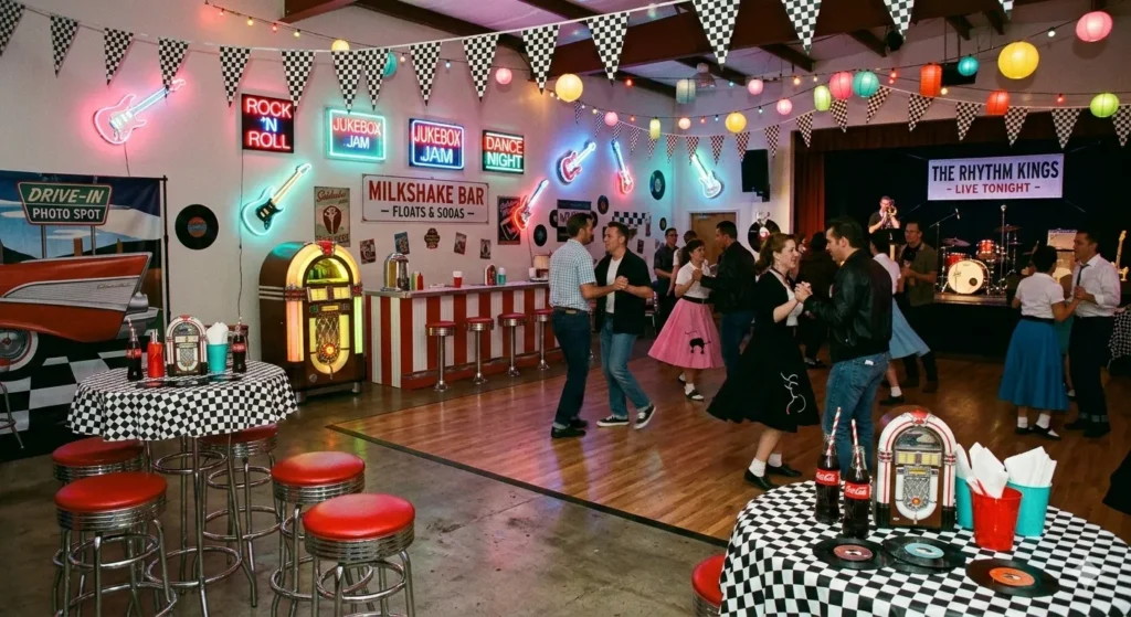 Afbeelding van een feestruimte uit het einde van de jaren 50 met felle kleuren, rock-’n-roll decoraties zoals muzieknoten en platen, een jukebox en een tafel met snacks en drankjes.