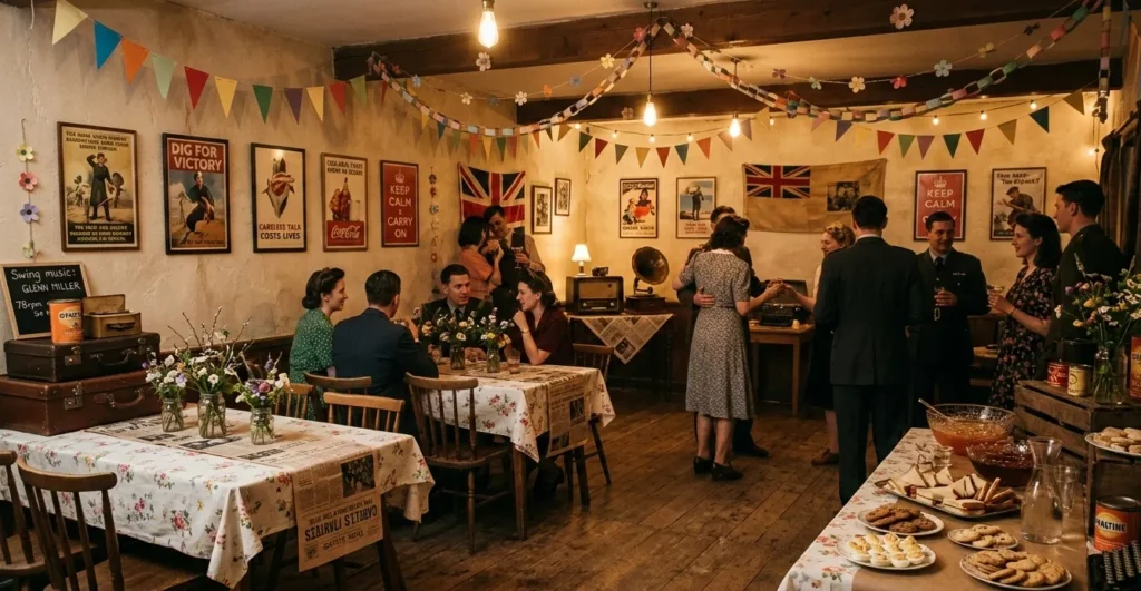 Decoratie voor een jaren 40 themafeest met papieren slingers, vintage posters en eenvoudige tafeldecoratie.