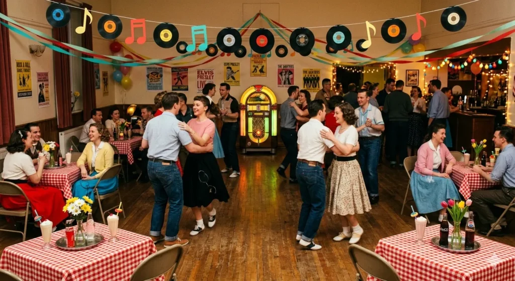 Afbeelding van een feestdecoratie uit het midden van de jaren 50 met kleurrijke slingers, een jukebox in de ruimte en een tafel met snacks en frisdrank.