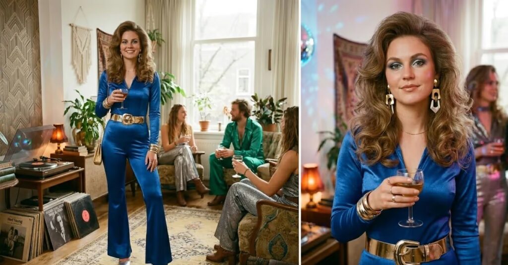 Vrouw in late jaren 70 disco outfit met donkerblauw glanzend pak, gouden riem, sieraden en plateau schoenen