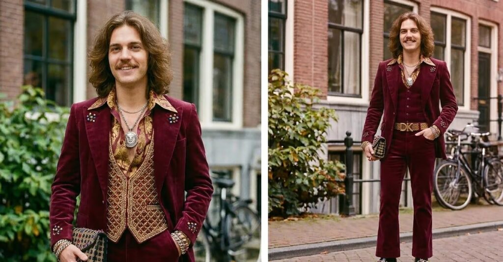 Man in late jaren 70 outfit met satijnen overhemd met brede kraag, flared broek en metalen sieraden