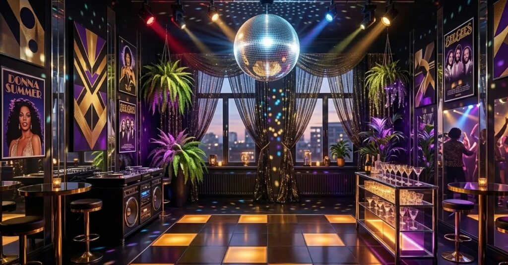 Nachtclub zaal uit de late jaren 70 met dansvloer in het midden, bar aan de zijkant en discobal tijdens een 70s party