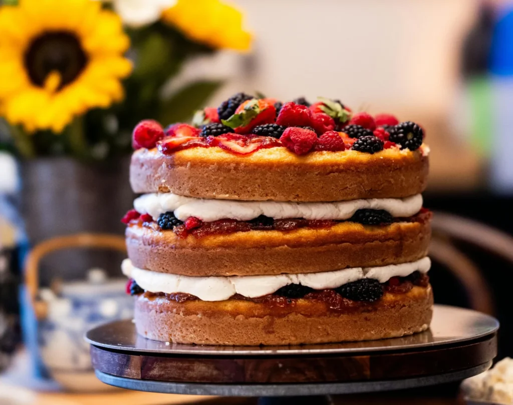 Drie lagen cake met fruit en vulling zoals geserveerd bij feestelijke gelegenheden in de jaren 40.