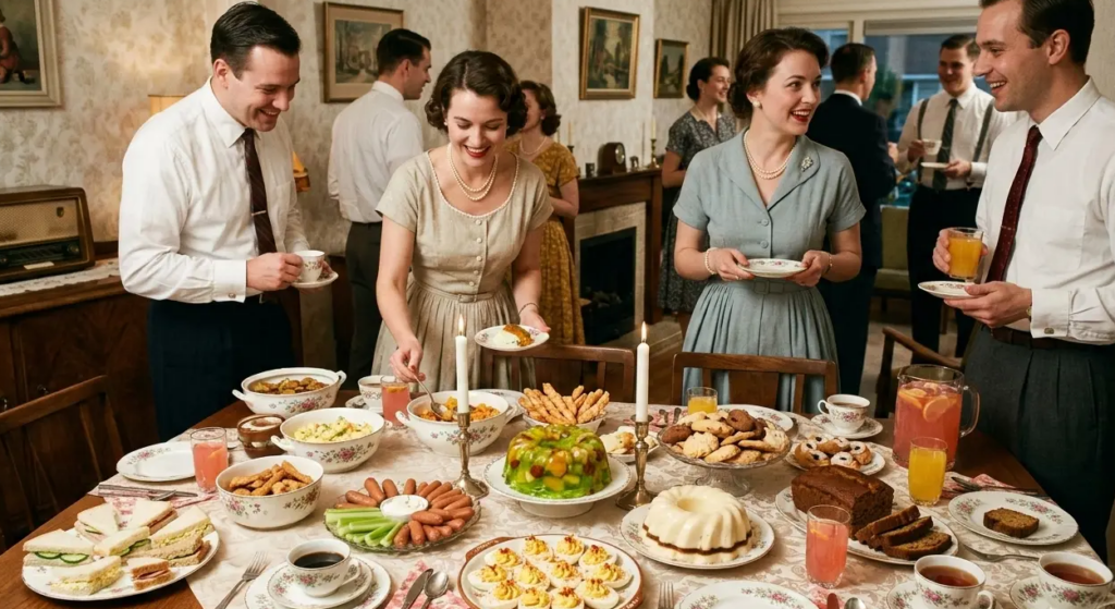 Tafel met eenvoudige jaren 50 hapjes zoals sandwiches, gevulde eieren, koekjes en gelatine dessert in glazen schalen.