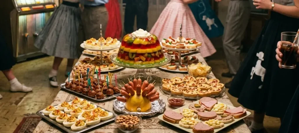 Jaren 50 feestbuffet met gehaktballetjes, worstjes, gevulde eieren en kleurrijke desserts.