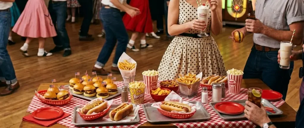 Feesttafel uit de jaren 50 met mini-hamburgers, hotdogs, friet in metalen mandjes en milkshakes met papieren rietjes, geïnspireerd op Amerikaanse diners.