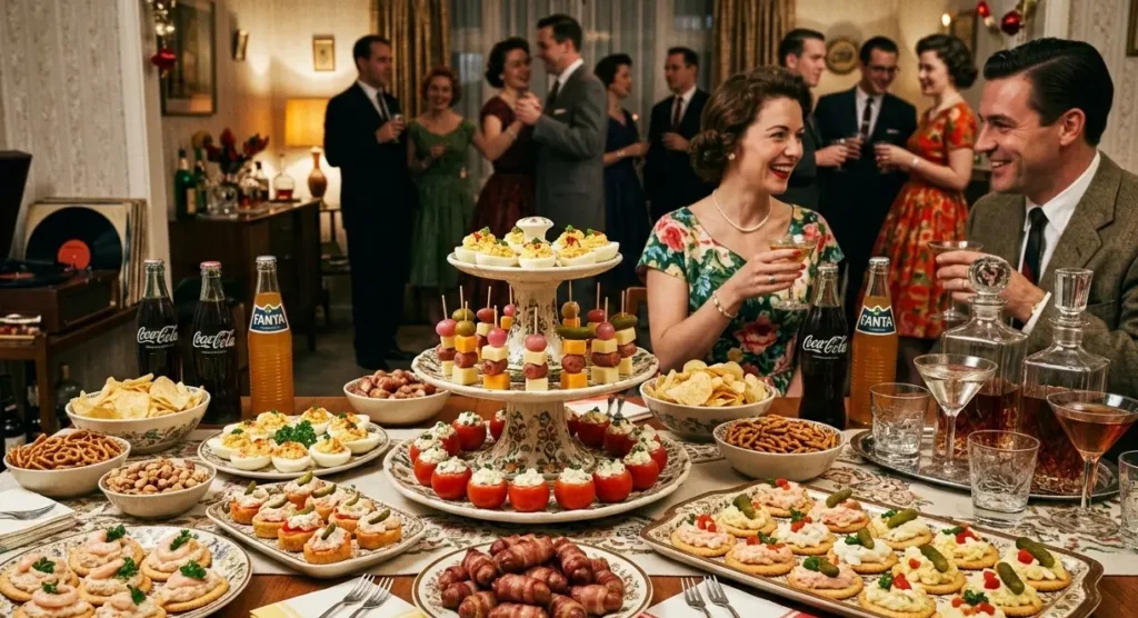 Feesttafel uit de jaren 50 met cocktailhapjes zoals kaasblokjes, crackers met spreads en gevulde snacks.