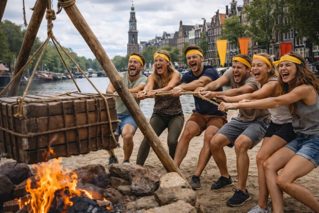 Vriendengroep doet een Expeditie Robinson challenge tijdens een vrijgezellenfeest in Amsterdam