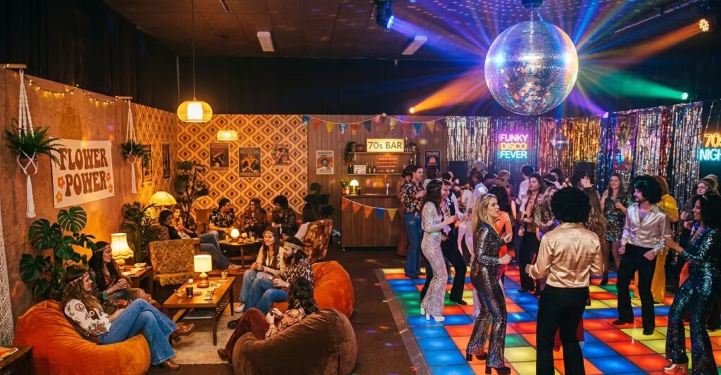 Feestruimte met flower power loungehoek en disco dansvloer met discobal tijdens een jaren 70 70s party