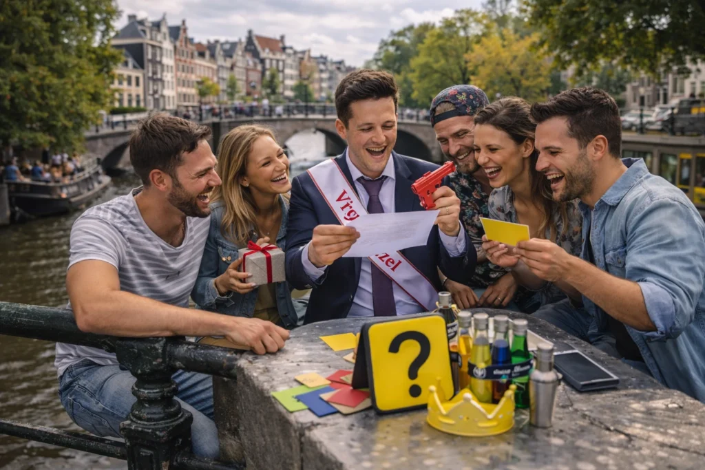 Groep vrienden doet een opdracht tijdens een vrijgezellenfeest verrassingsroute op een brug over de Amsterdamse grachten