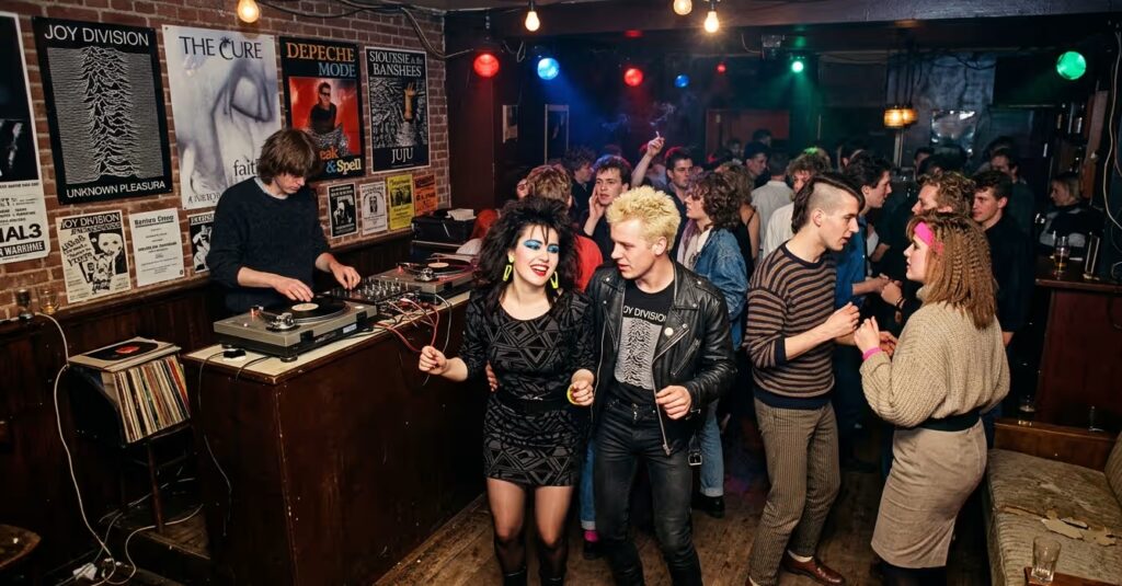 Gasten op een begin jaren 80 party dragen strakke jeans, colberts en mini-jurkjes met neonaccessoires in een sfeervolle woonkamer met vinylplaten en bandposters.