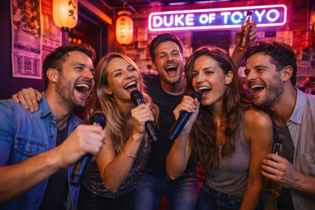 Vriendengroep zingt karaoke tijdens een vrijgezellenfeest in een karaoke bar in Amsterdam
