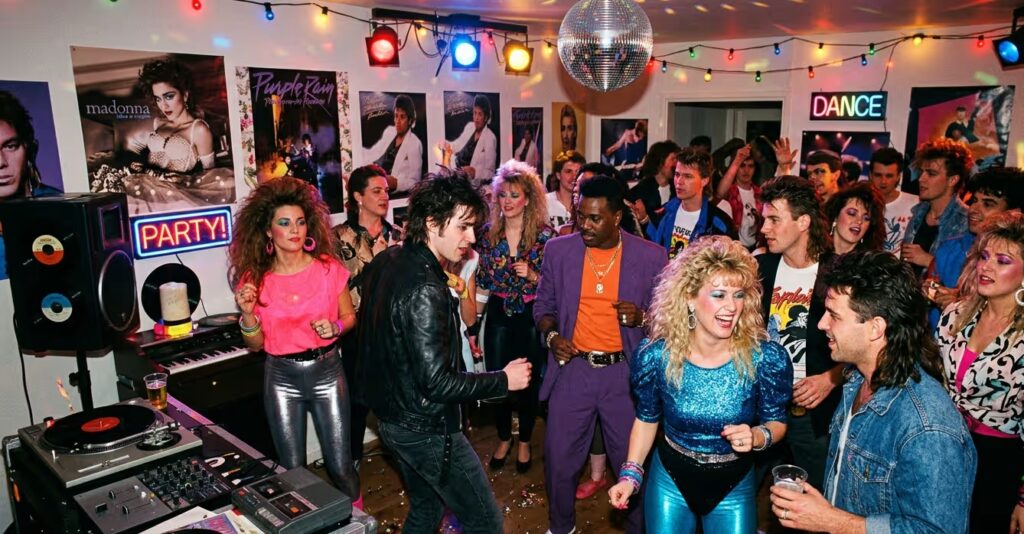 Gasten dansen op een midden jaren 80 party in glanzende leggings, felle tops en statement-sieraden, met neonlichten en een discobal op de achtergrond.