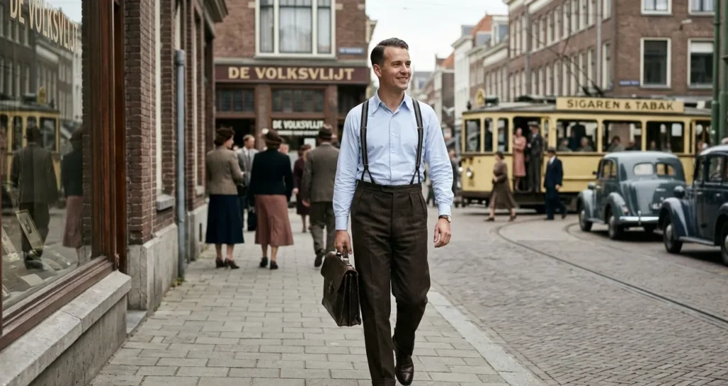 Man in vroege jaren 40 outfit met pantalon, overhemd en bretels.