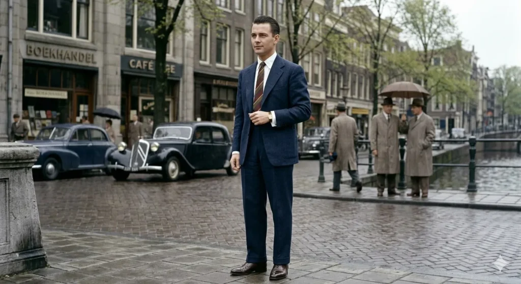 Afbeelding van een man gekleed in een pak met een wit overhemd. 