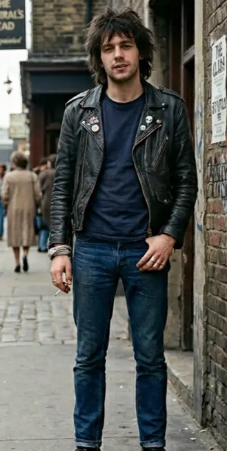 Man in begin jaren 80 outfit met smalle jeans, T-shirt en rock- en punk geïnspireerd jack