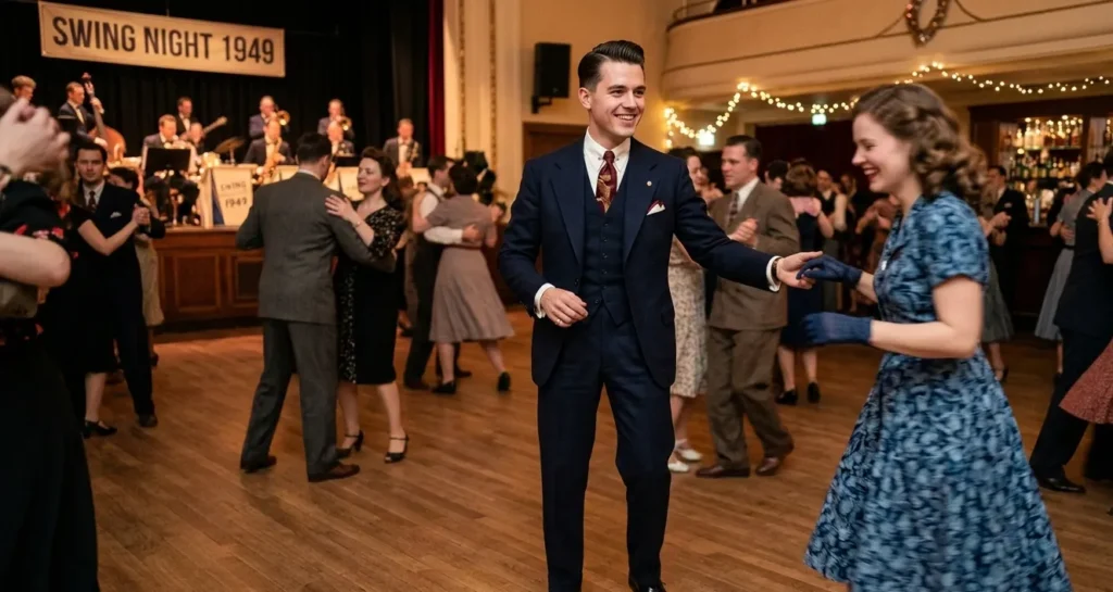 Man in stijlvolle late jaren 40 outfit met colbert en stropdas.