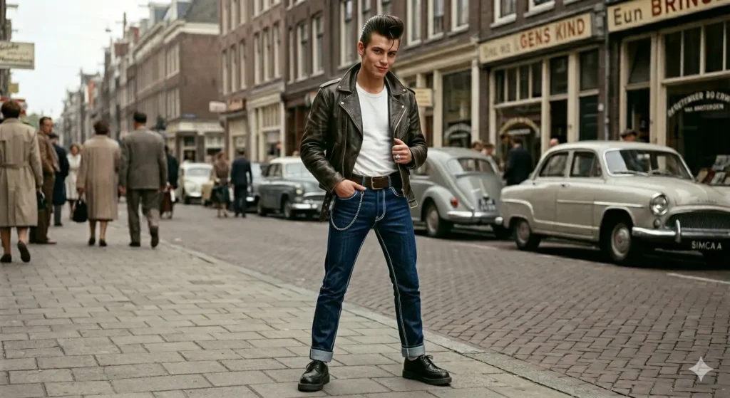 Afbeelding van een man met een leren jack over een wit T-shirt en een spijkerbroek, net zoals in de stijl was aan het einde van de jaren 50. 