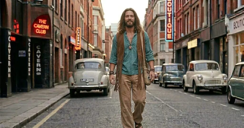 Man in hippie-outfit, jaren 60 stijl eind decennium