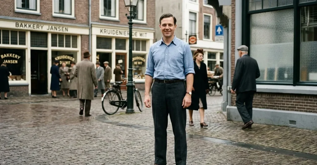 Man in praktische jaren 40 kleding met pantalon en overhemd met opgerolde mouwen.