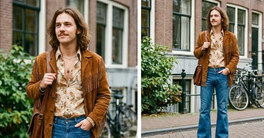 Man gekleed in begin jaren 70 stijl met lang haar, los overhemd, bruine jas met franjes, jeans en sandalen
