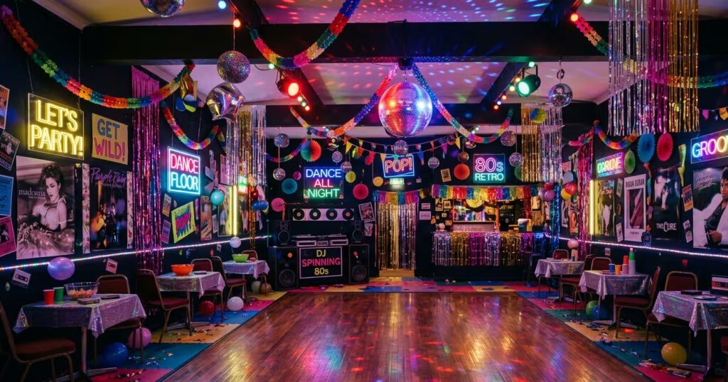 Kleurrijke midden jaren 80 party met neonlichten, metallic streamers, discobal en DIY-glitterbollen op de dansvloer.