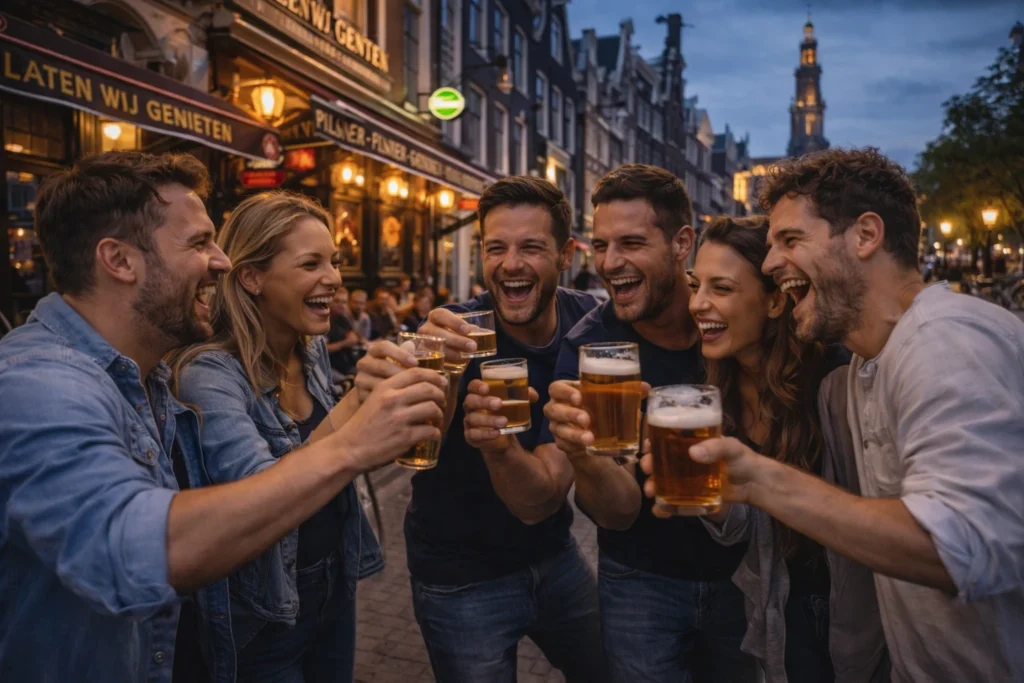 Vriendengroep tijdens een pub crawl vrijgezellenfeest voor een Amsterdamse kroeg in het centrum