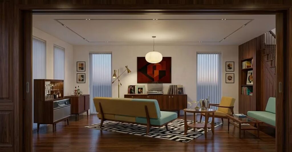 Woonkamer in strakke jaren 60 stijl begin decennium