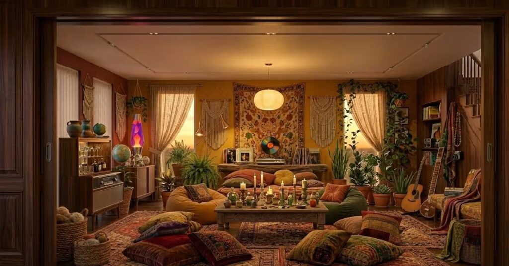 Woonkamer in jaren 60 hippie-stijl eind decennium