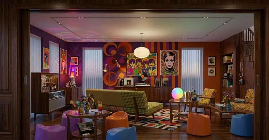 Woonkamer in kleurrijke jaren 60 stijl midden decennium