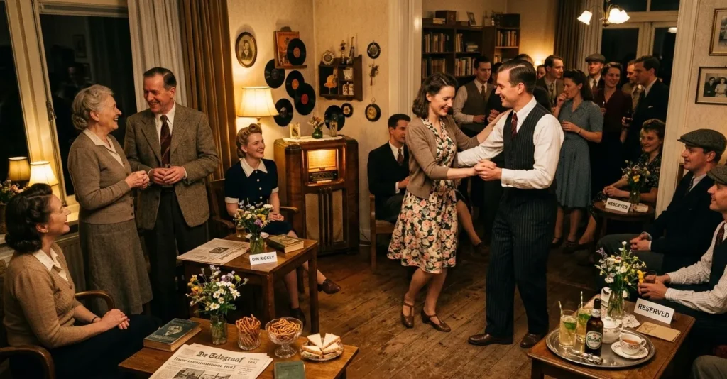 Intieme jaren 40 huiskamersfeer met gasten in vintage kleding, zachte verlichting, kleine tafeltjes en swingmuziek op de achtergrond.