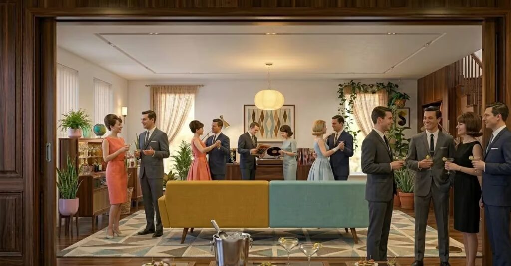 Feest in strakke jaren 60 woonkamer begin decennium